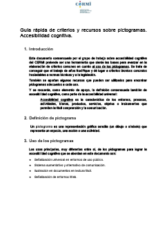 Imagen de portada de Guía rápida de criterios y recursos sobre pictogramas. Accesibilidad cognitiva. Subcomisión de accesibilidad cognitiva de CERMI. 2019.